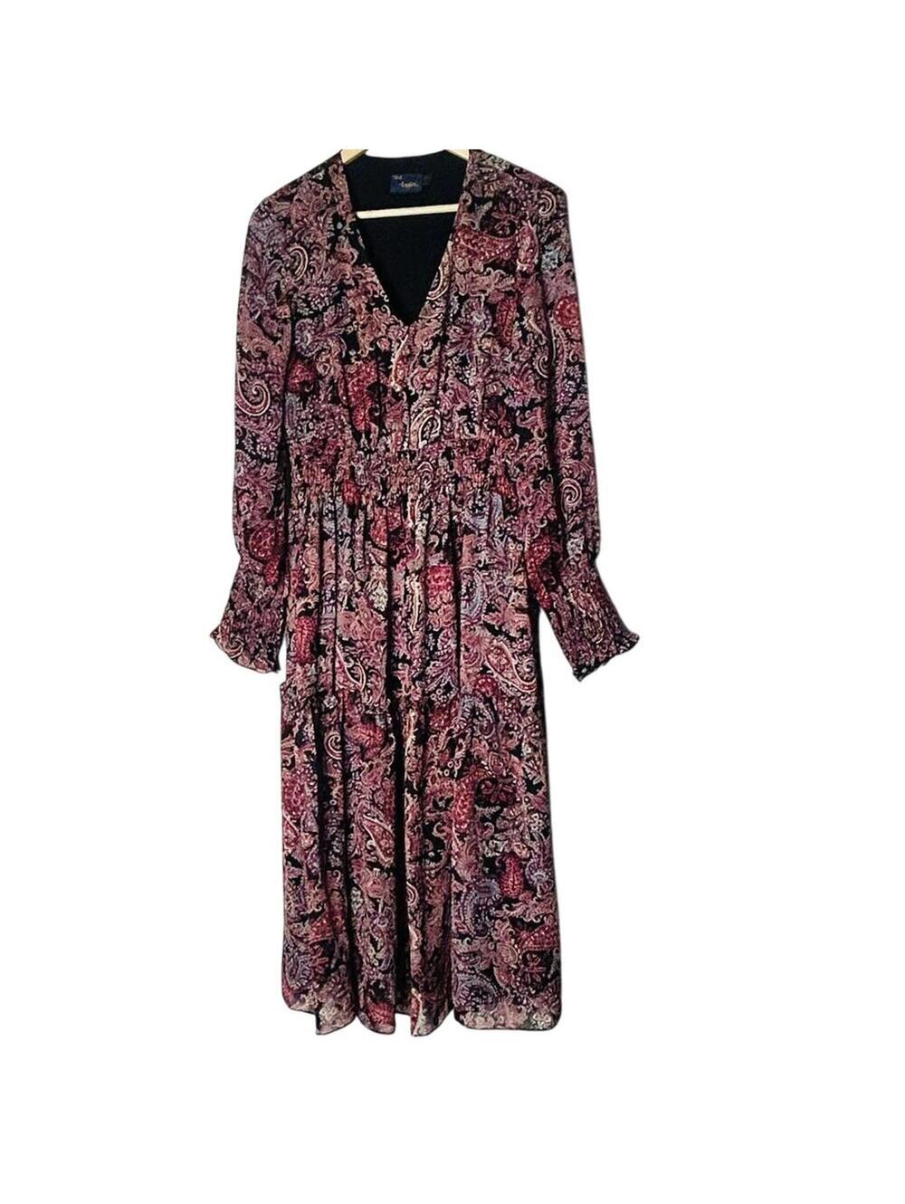 NWOT Just Taylor Paisley Long Maxi Dress Size L Bell Sleeves Boho Elastic Waist